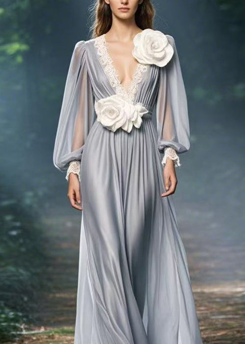 Chiffon Deep V-Neck Lace Trim Bishop Sleeve Floral Applique Maxi Gown