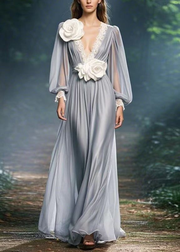 Chiffon Deep V-Neck Lace Trim Bishop Sleeve Floral Applique Maxi Gown