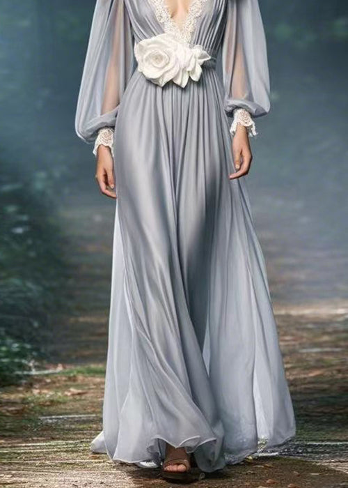 Chiffon Deep V-Neck Lace Trim Bishop Sleeve Floral Applique Maxi Gown