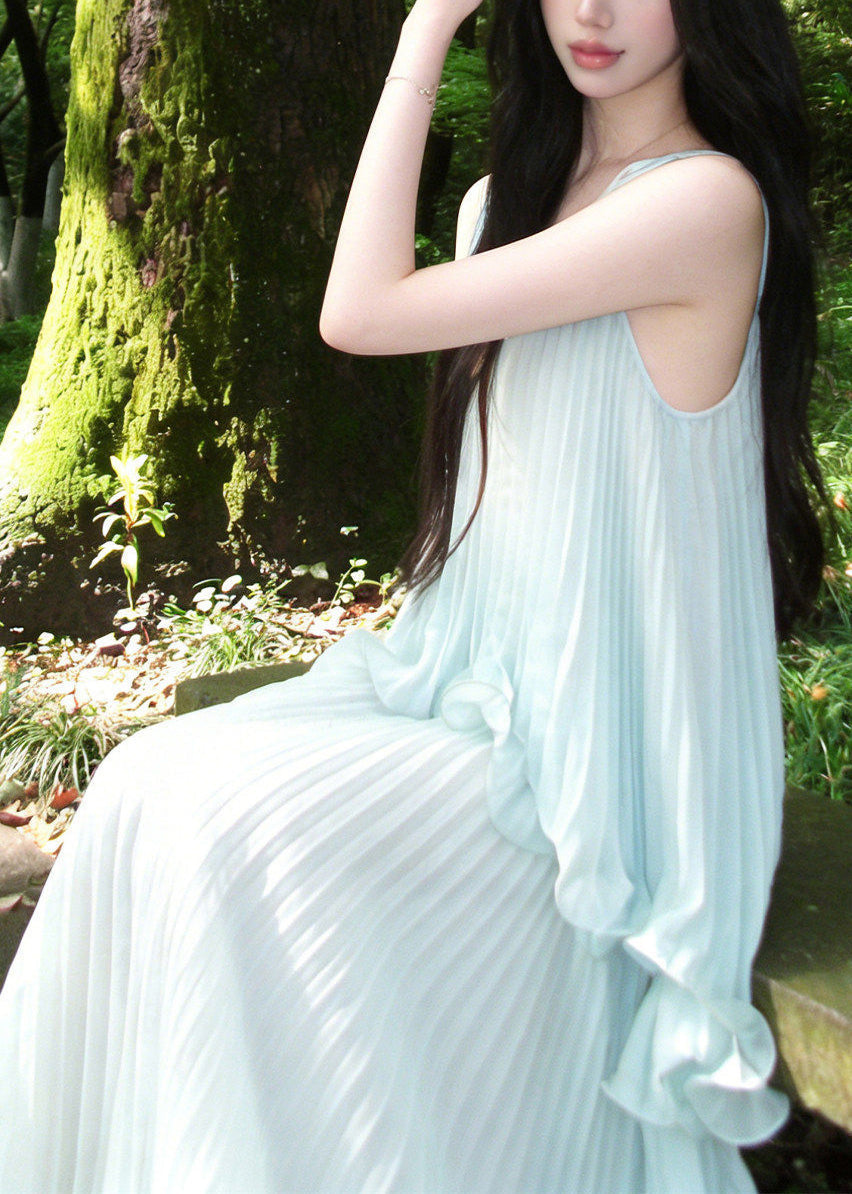 Chiffon Vertical Pleat Deep V-Neck Spaghetti Strap Tiered Ruffle Hem Maxi Gown