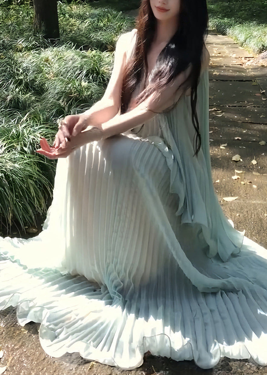 Chiffon Vertical Pleat Deep V-Neck Spaghetti Strap Tiered Ruffle Hem Maxi Gown