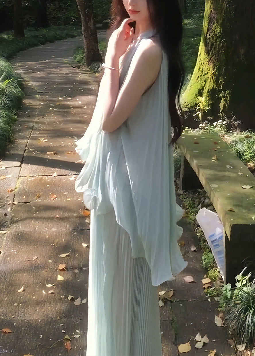 Chiffon Vertical Pleat Deep V-Neck Spaghetti Strap Tiered Ruffle Hem Maxi Gown