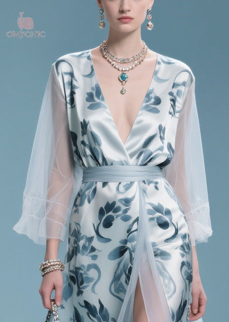 Italian Light Blue Print Patchwork Tulle Maxi Dress Summer - View 2