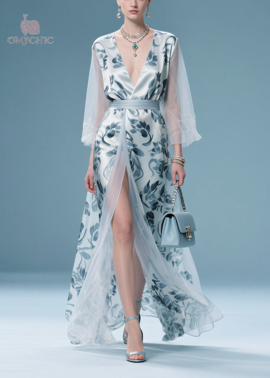 Italian Light Blue Print Patchwork Tulle Maxi Dress Summer - View 3