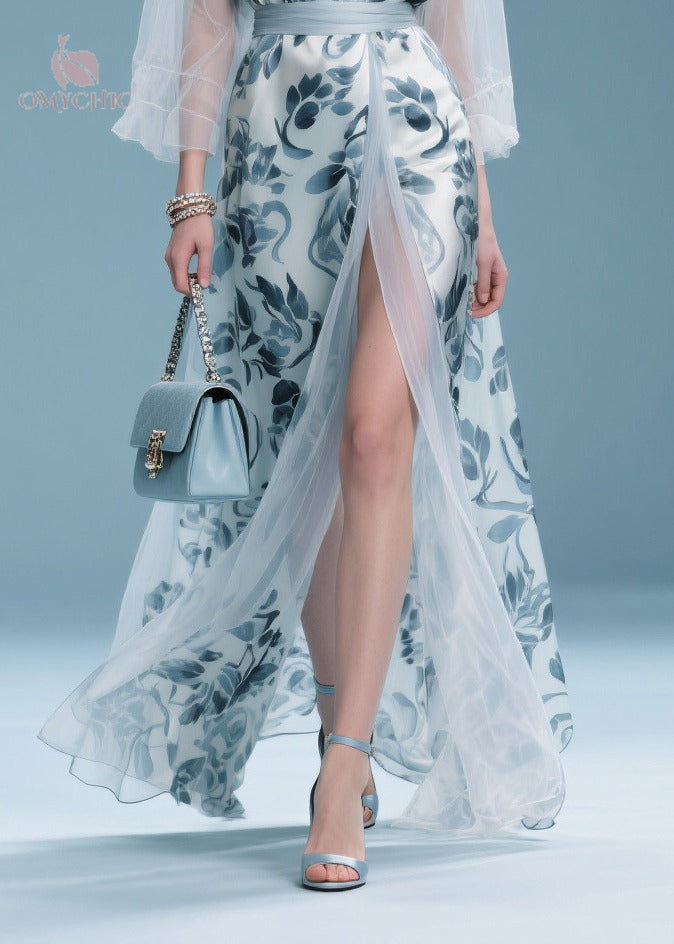 Italian Light Blue Print Patchwork Tulle Maxi Dress Summer - View 4