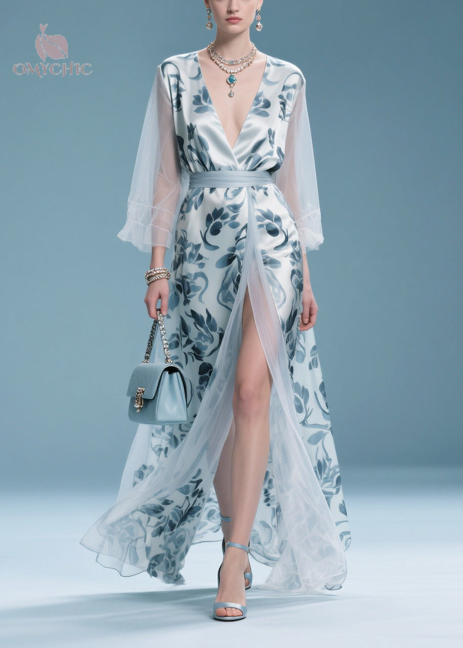 Italian Light Blue Print Patchwork Tulle Maxi Dress Summer - View 5
