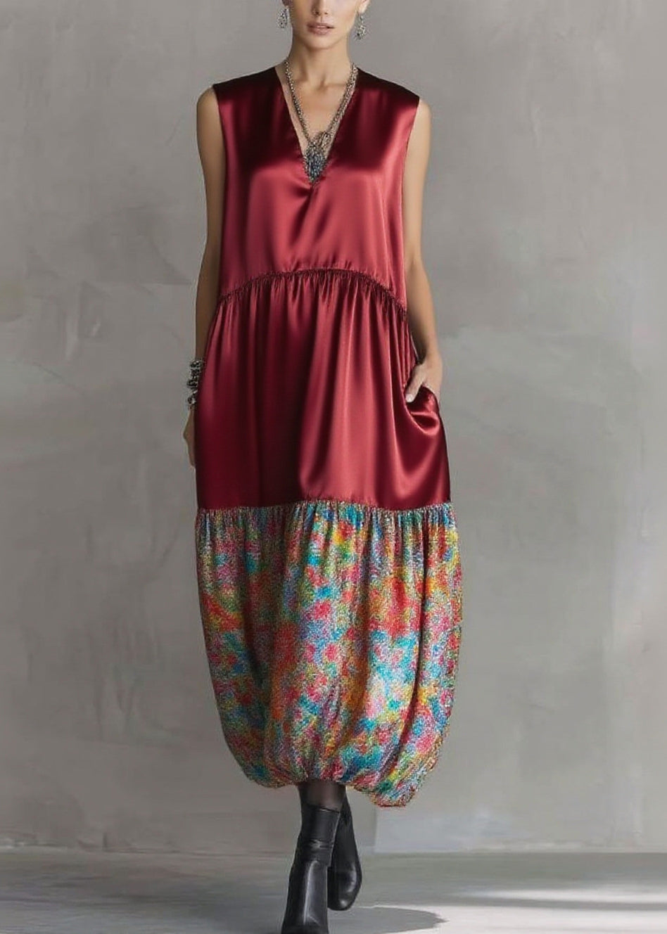 V-Neck Sleeveless Empire Waist Patchwork Bubble Hem Tiered Maxi Dress