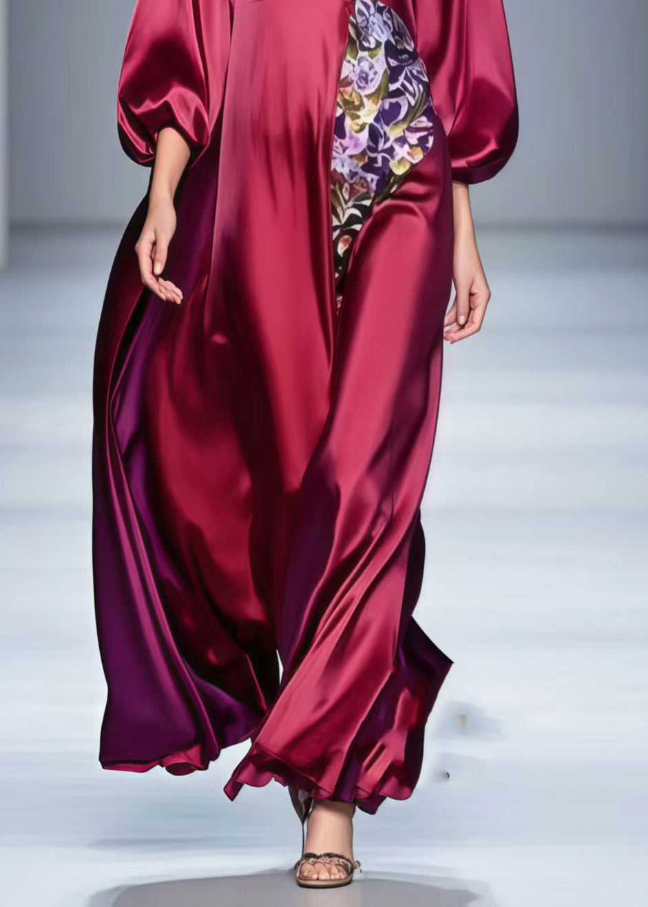 Satin Deep V-Neck Balloon Sleeve Empire Waist Floral Applique Maxi Gown
