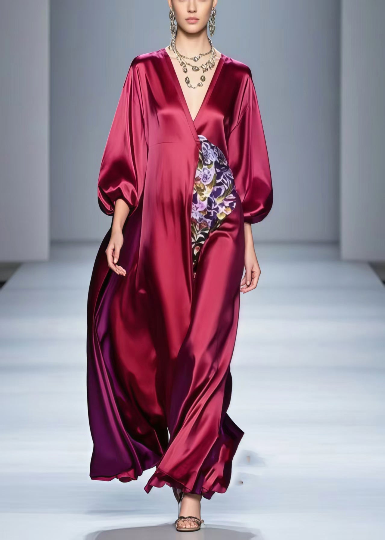 Satin Deep V-Neck Balloon Sleeve Empire Waist Floral Applique Maxi Gown