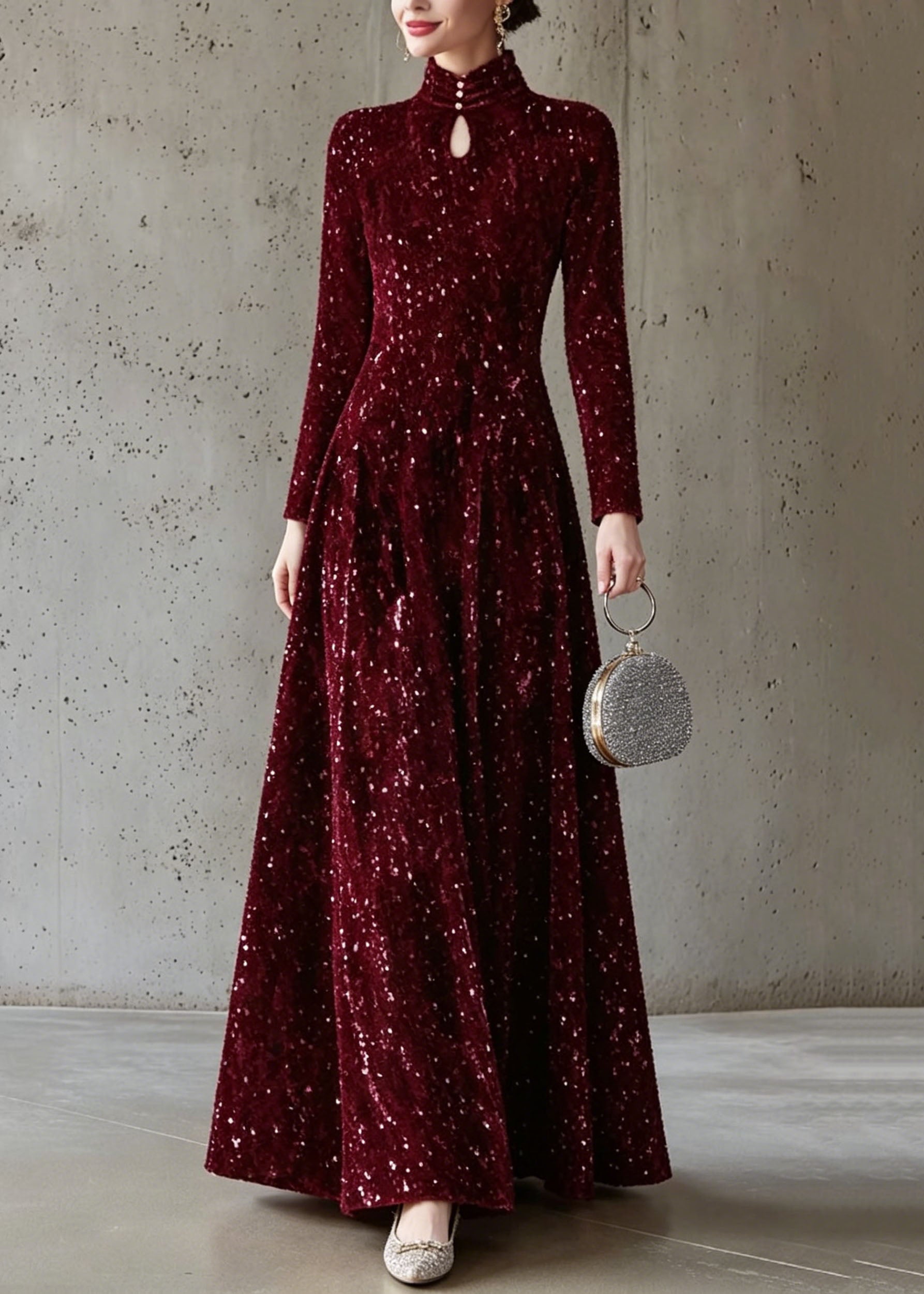 Sequin Velvet High Neck Long Sleeve A-Line Maxi Dress
