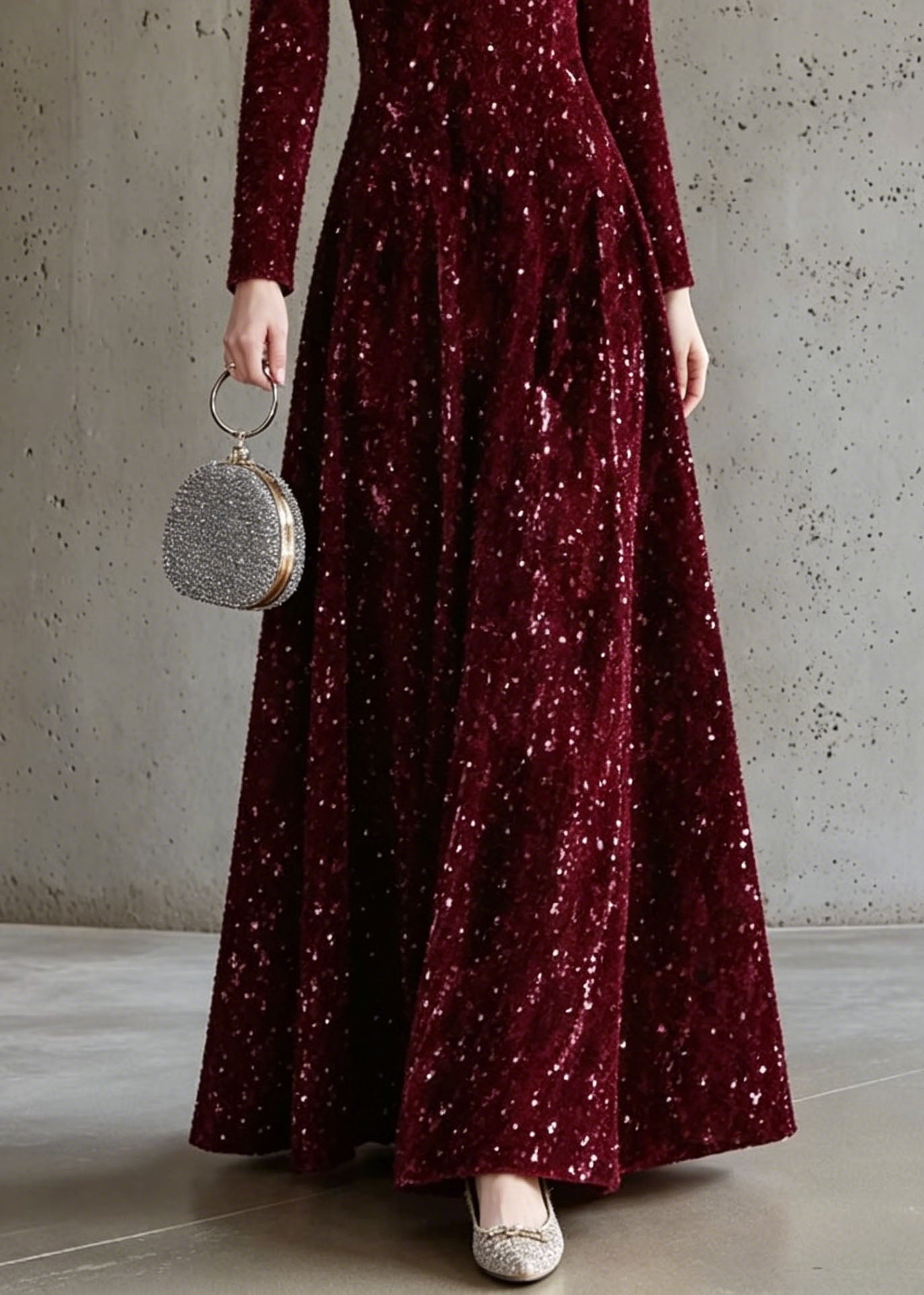 Sequin Velvet High Neck Long Sleeve A-Line Maxi Dress