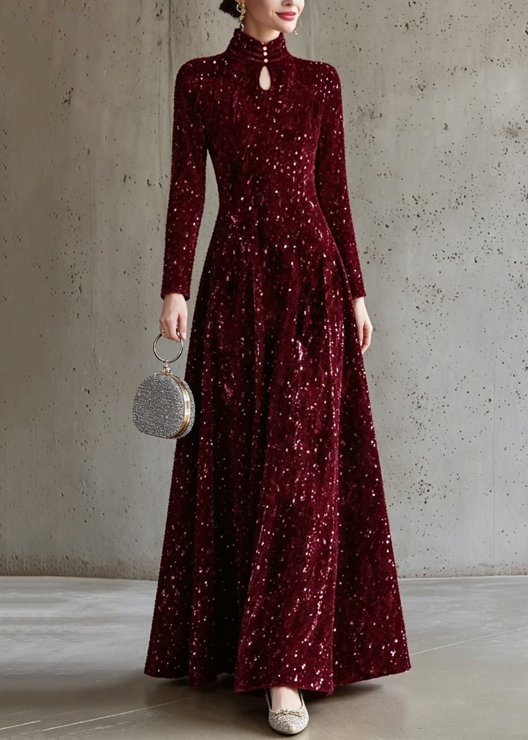 Sequin Velvet High Neck Long Sleeve A-Line Maxi Dress