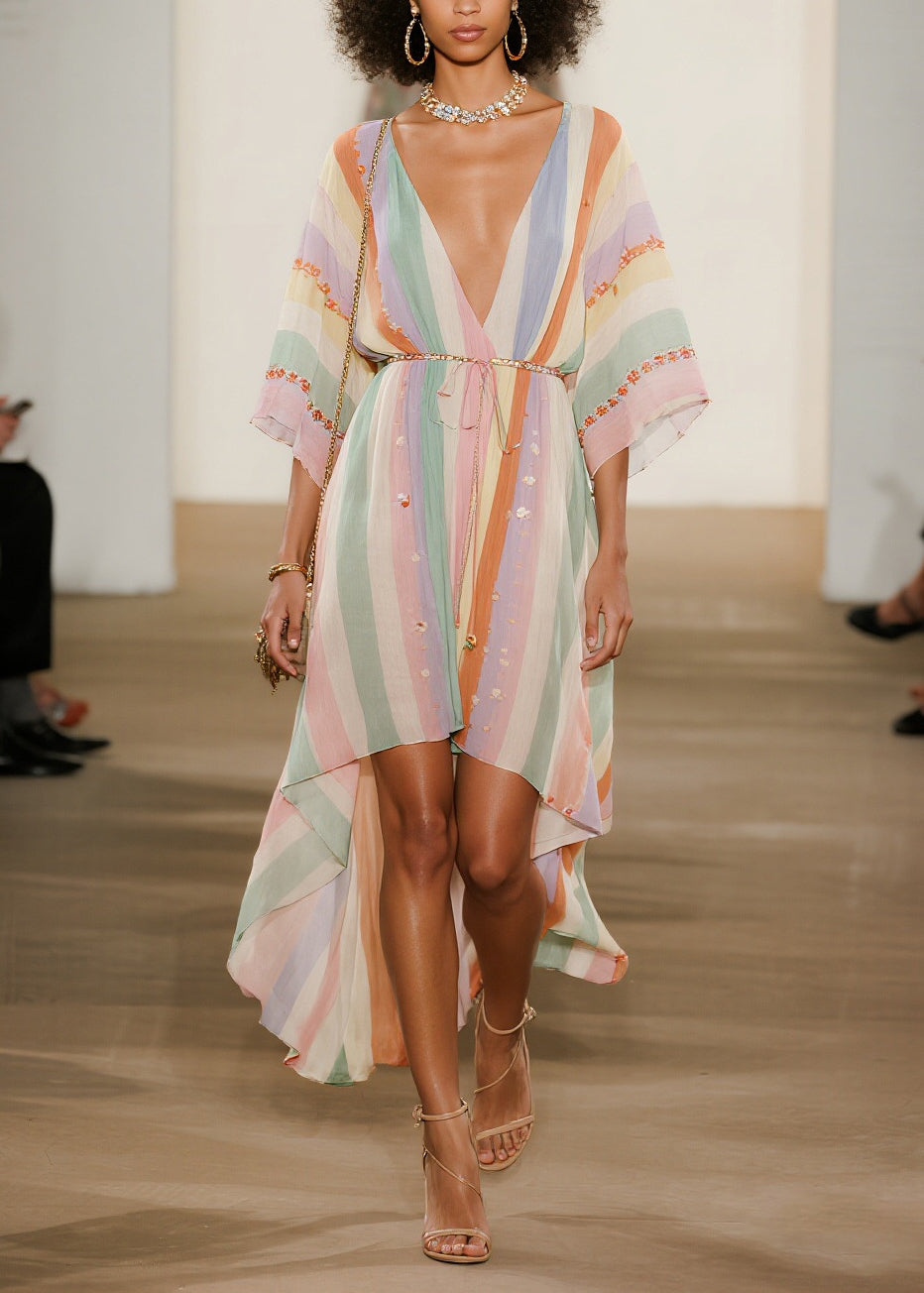 Striped Deep V-Neck Sleeve Embroidered Cuff Belted Maxi Dress