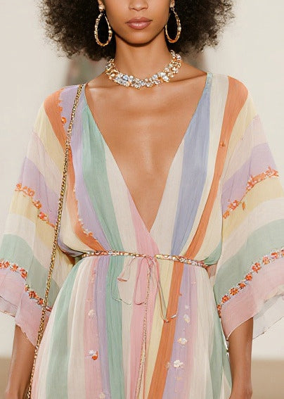 Striped Deep V-Neck Kimono Sleeve Embroidered Cuff Belted High Low Maxi Dress