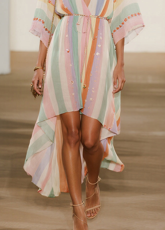 Striped Deep V-Neck Kimono Sleeve Embroidered Cuff Belted High Low Maxi Dress