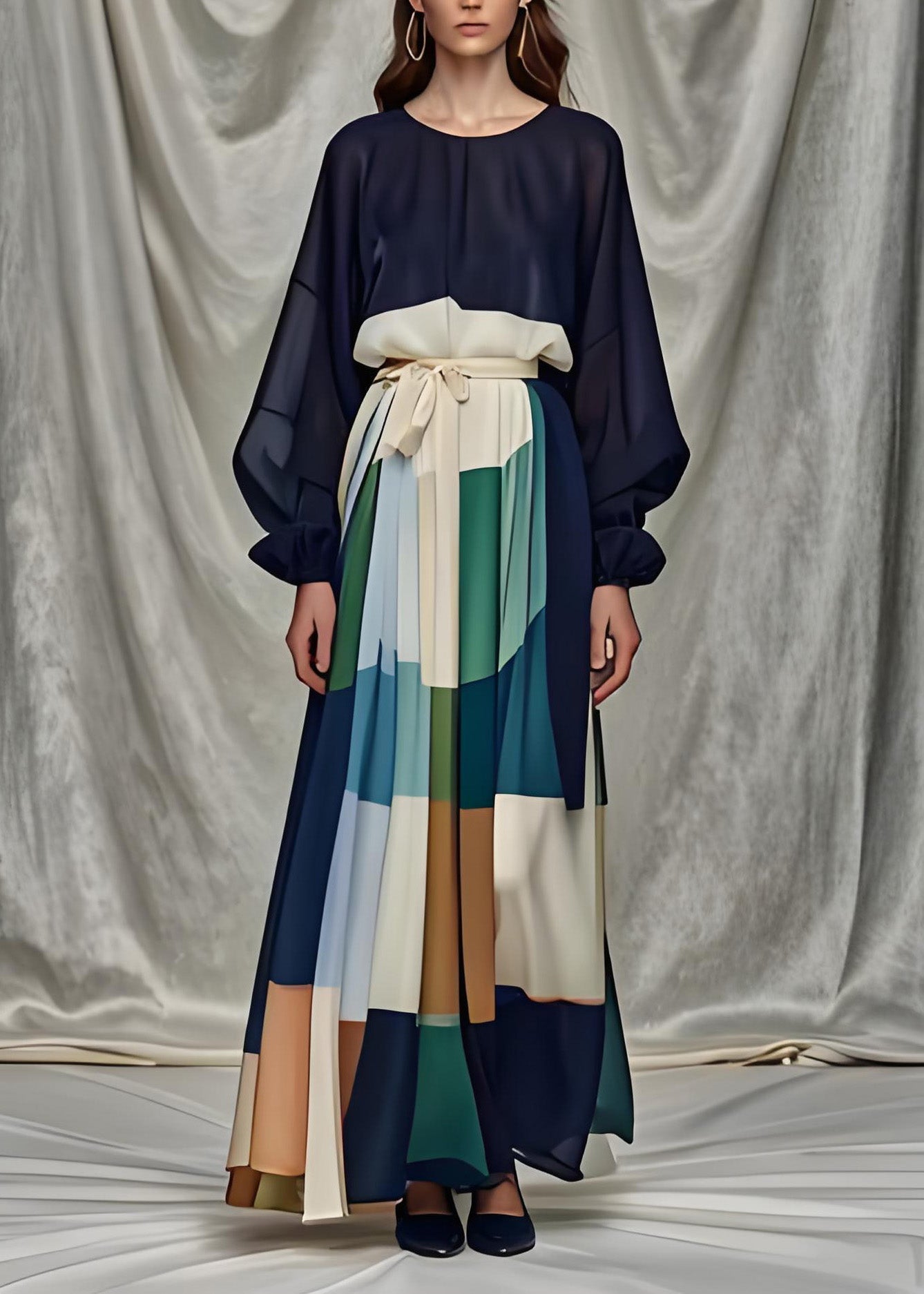 Patchwork Bishop Sleeve Tie Sash A-Line Maxi Dress