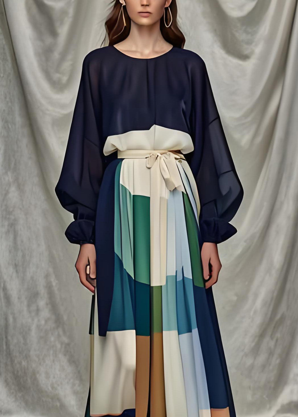 Patchwork Bishop Sleeve Tie Sash A-Line Maxi Dress