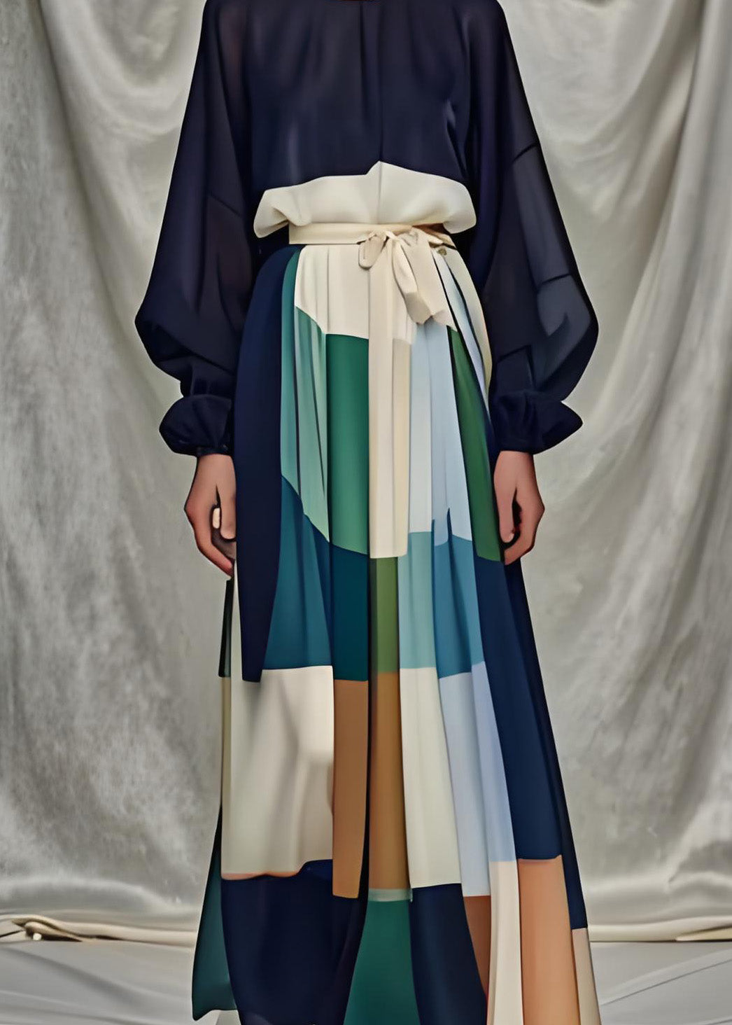 Patchwork Bishop Sleeve Tie Sash A-Line Maxi Dress
