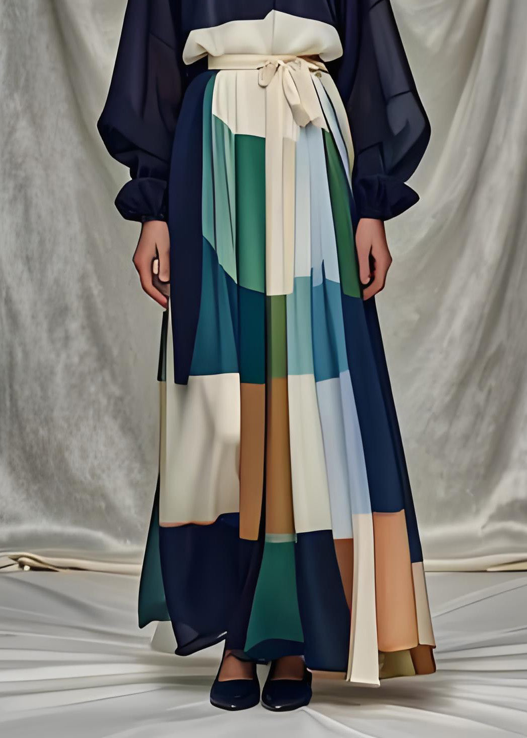 Patchwork Bishop Sleeve Tie Sash A-Line Maxi Dress