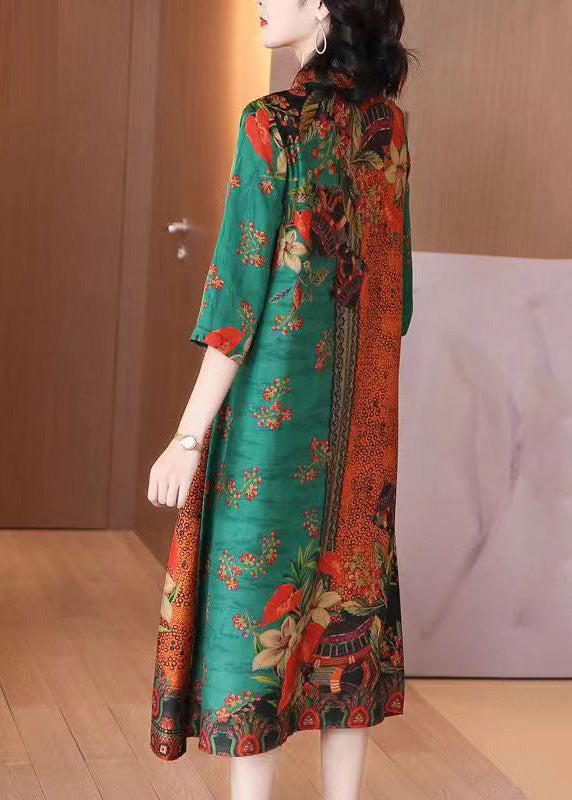 Patchwork Print Notched Collar Scalloped Trim Three Quarter Sleeve A-Line Midi Dress