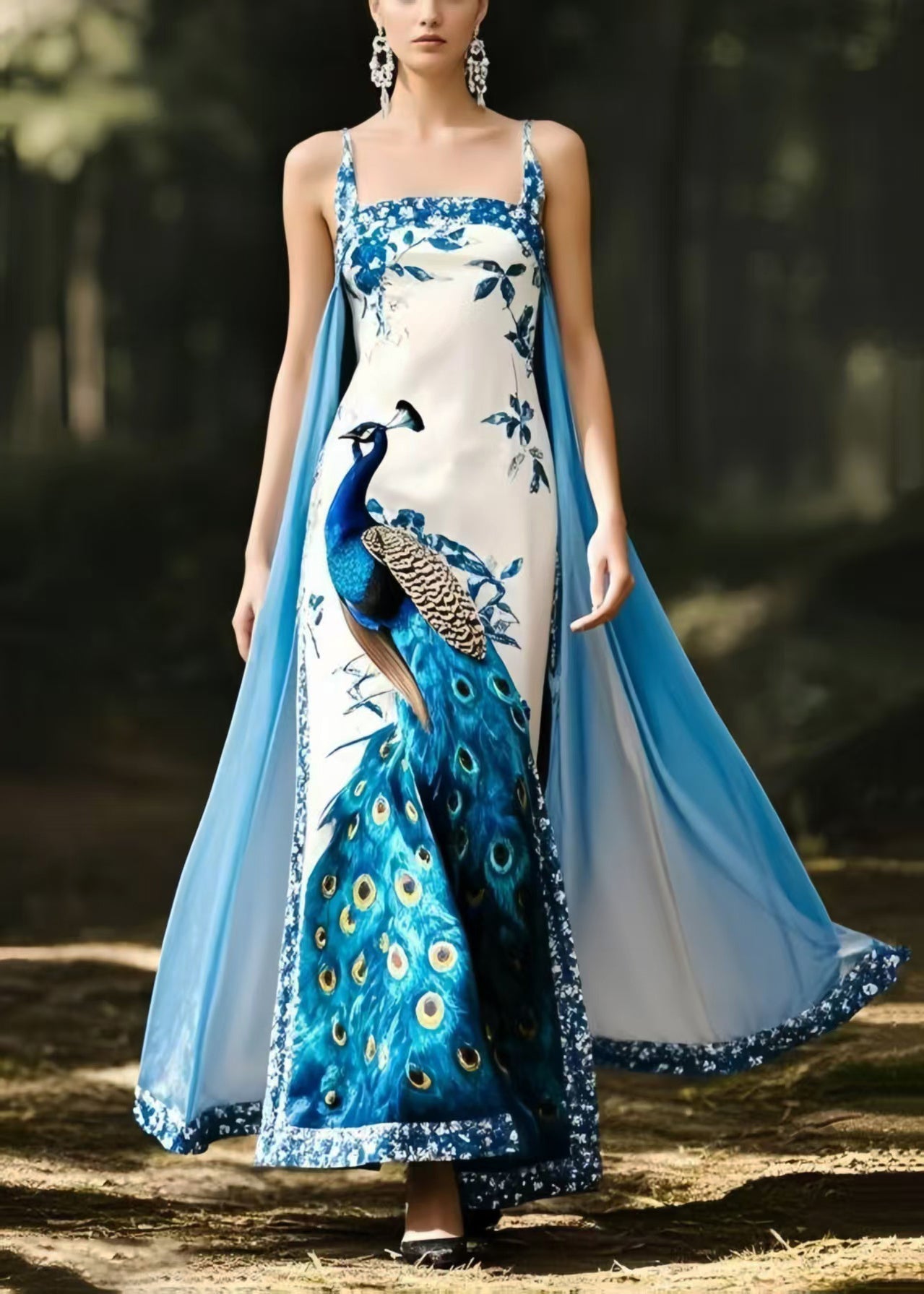 Peacock Print Spaghetti Strap Square Neck Cape Train Maxi Gown