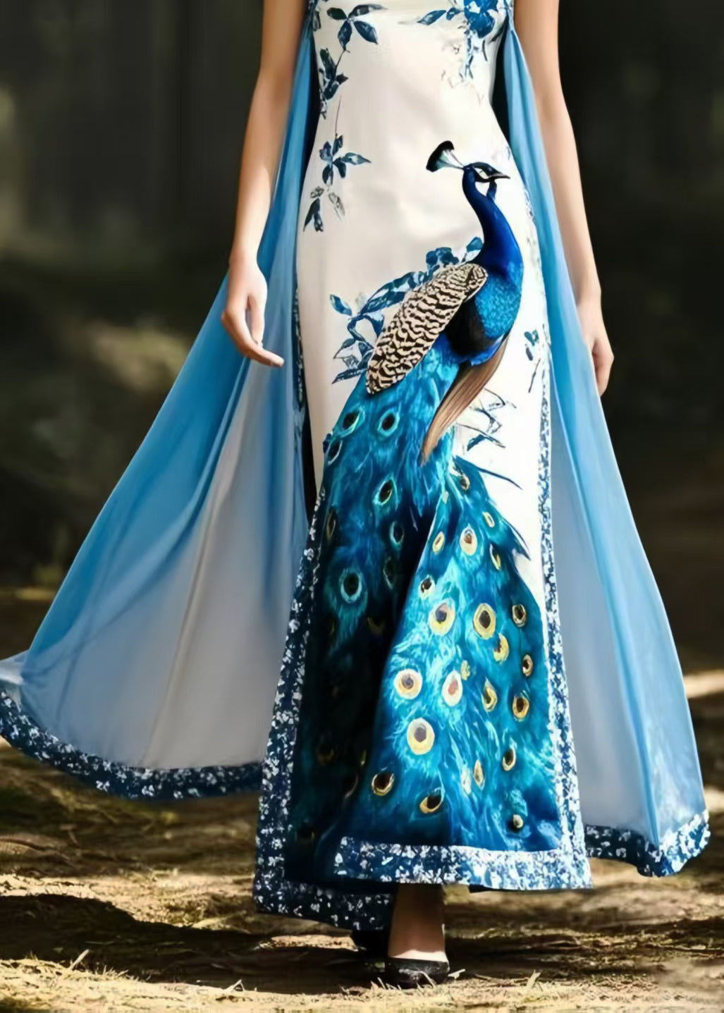 Peacock Print Spaghetti Strap Square Neck Cape Train Maxi Gown