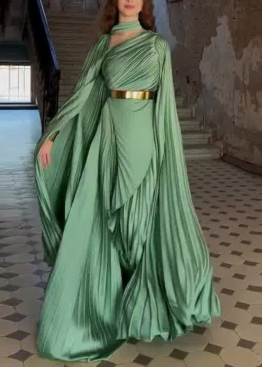 Pleated High Neck Cape Sleeve Belted Asymmetrical Maxi Gown