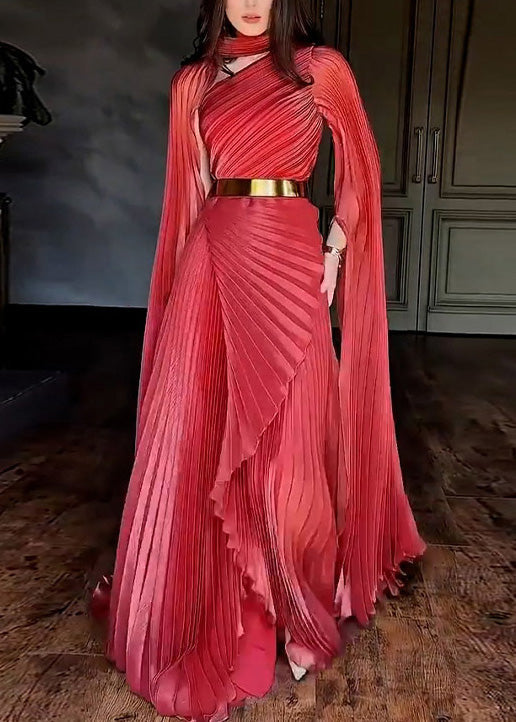 Pleated High Neck Cape Sleeve Belted Asymmetrical Maxi Gown