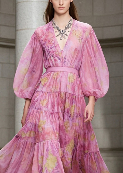 Abstract Print Tiered Deep V-Neck Bishop Sleeve Chiffon Midi Dress