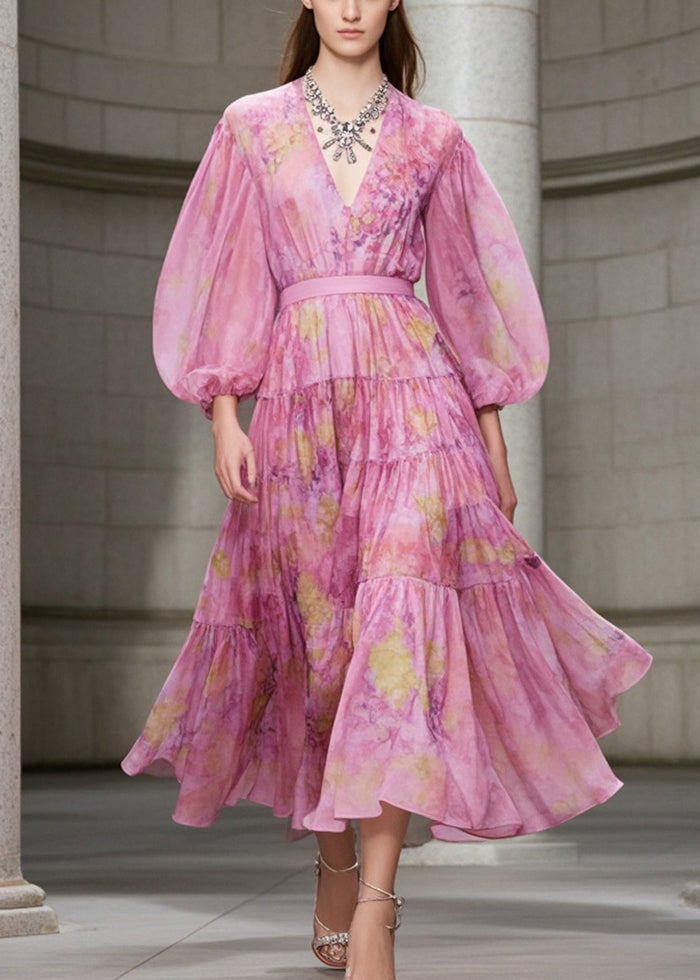 Abstract Print Tiered Deep V-Neck Bishop Sleeve Chiffon Midi Dress