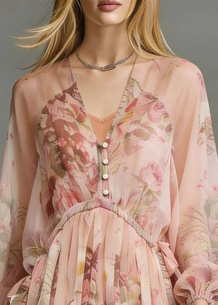Floral Print V-Neck Button Front Tie Waist Long Sleeve Mini Dress