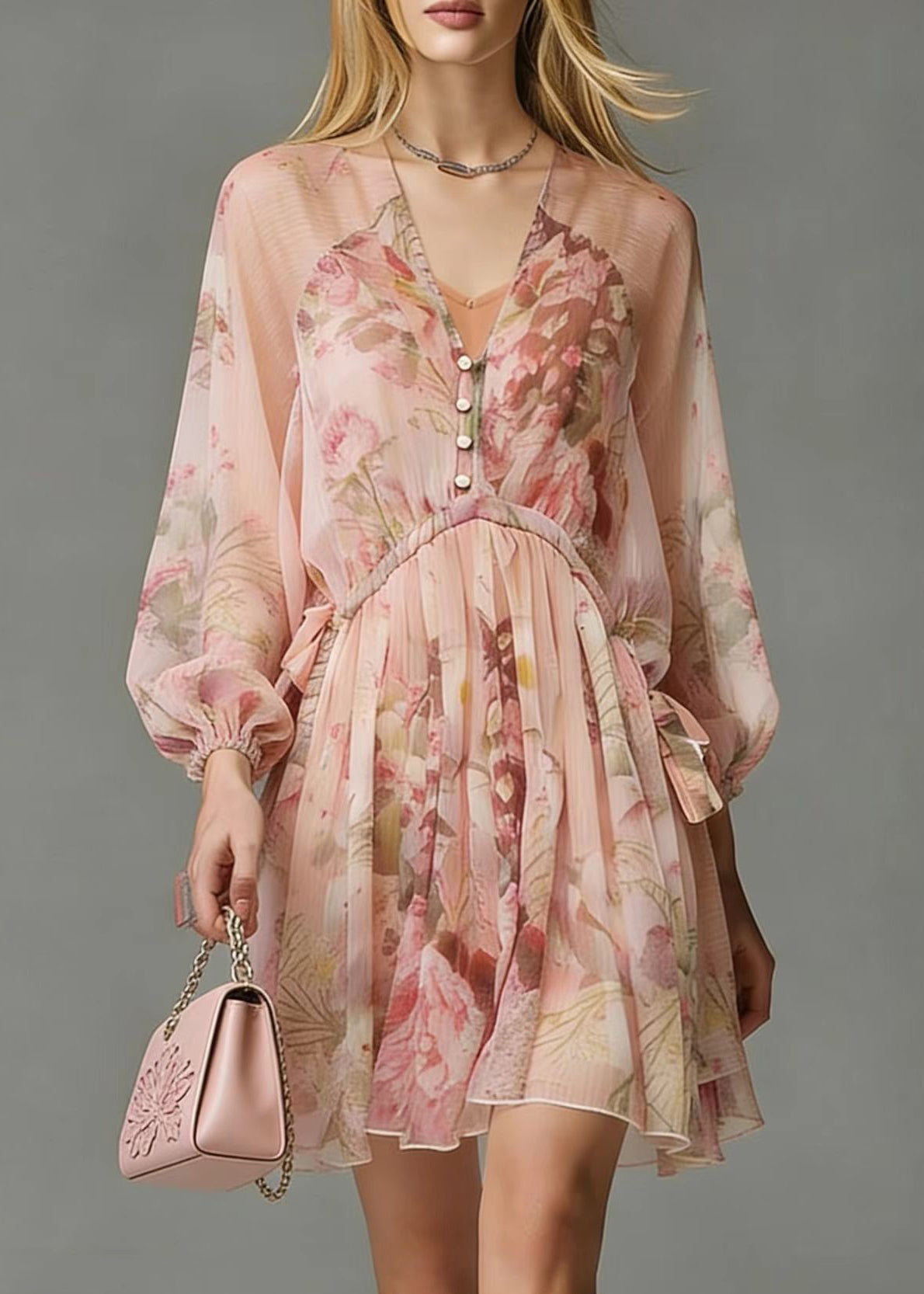 Floral Print V-Neck Button Front Tie Waist Long Sleeve Mini Dress