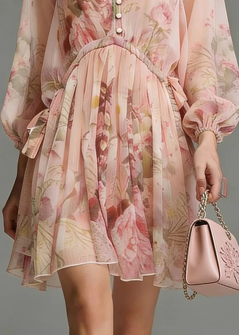 Floral Print V-Neck Button Front Tie Waist Long Sleeve Mini Dress
