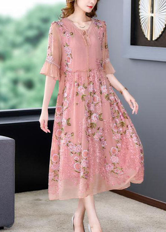 Lace Up V-Neck Flutter Sleeve Floral Embroidered Organza Midi Dress