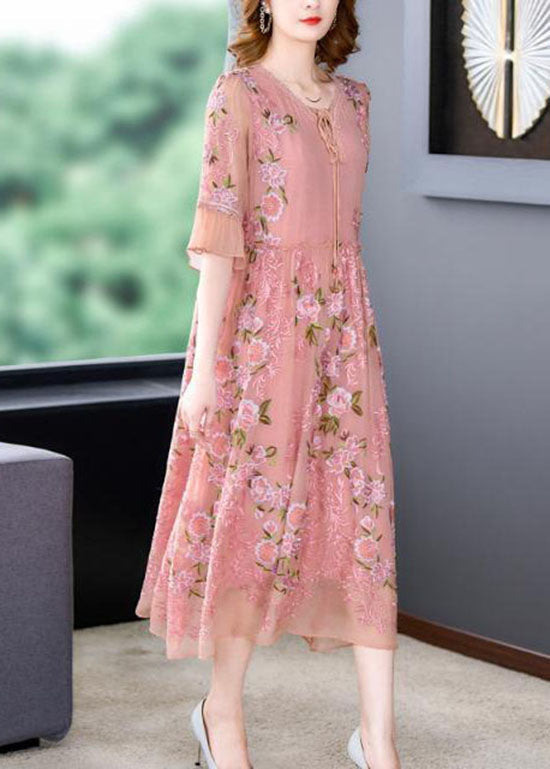 Lace Up V-Neck Flutter Sleeve Floral Embroidered Organza Midi Dress