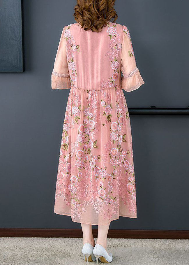 Lace Up V-Neck Flutter Sleeve Floral Embroidered Organza Midi Dress