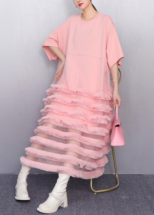 Italian Pink Layered Ruffled Patchwork Tulle Cake Dress Summer 2