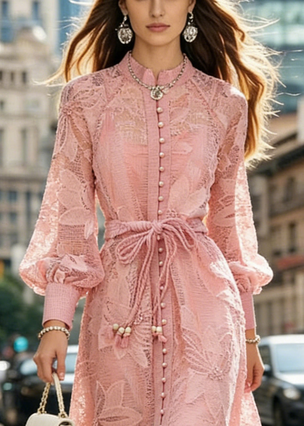 Italian Pink Patchwork Solid Long Dresses Spring
