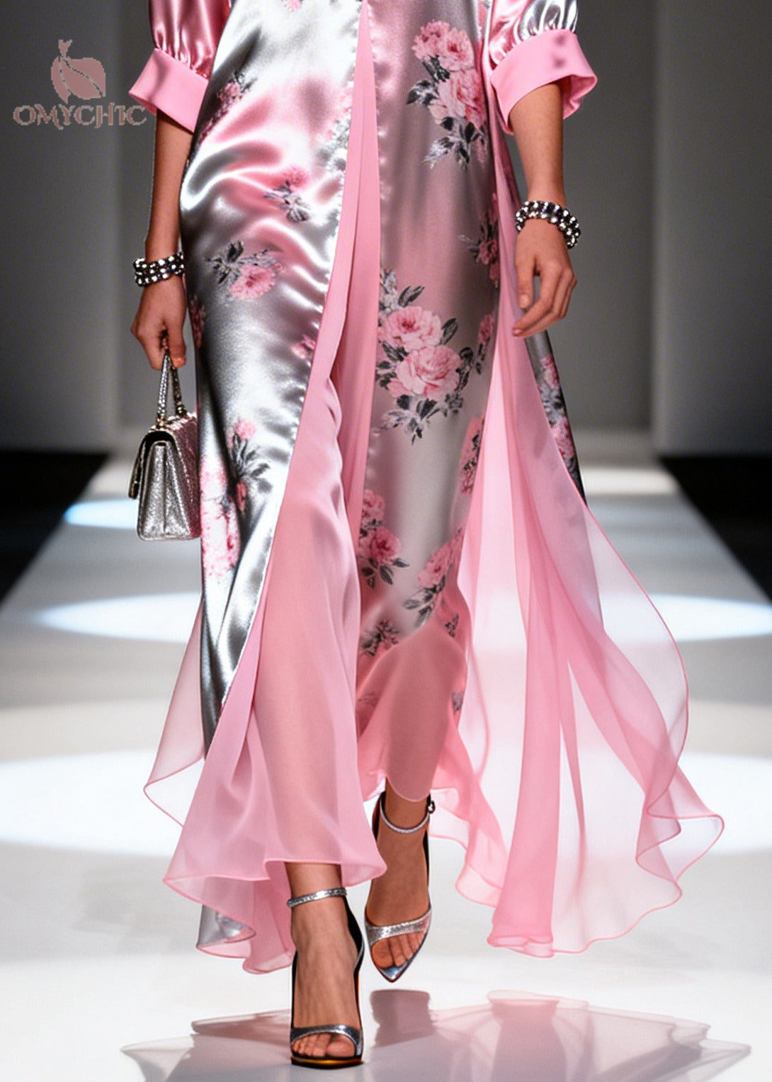 Satin Metallic Floral Deep V-Neck Kimono Sleeve High Split Faux Two-Piece Maxi Gown