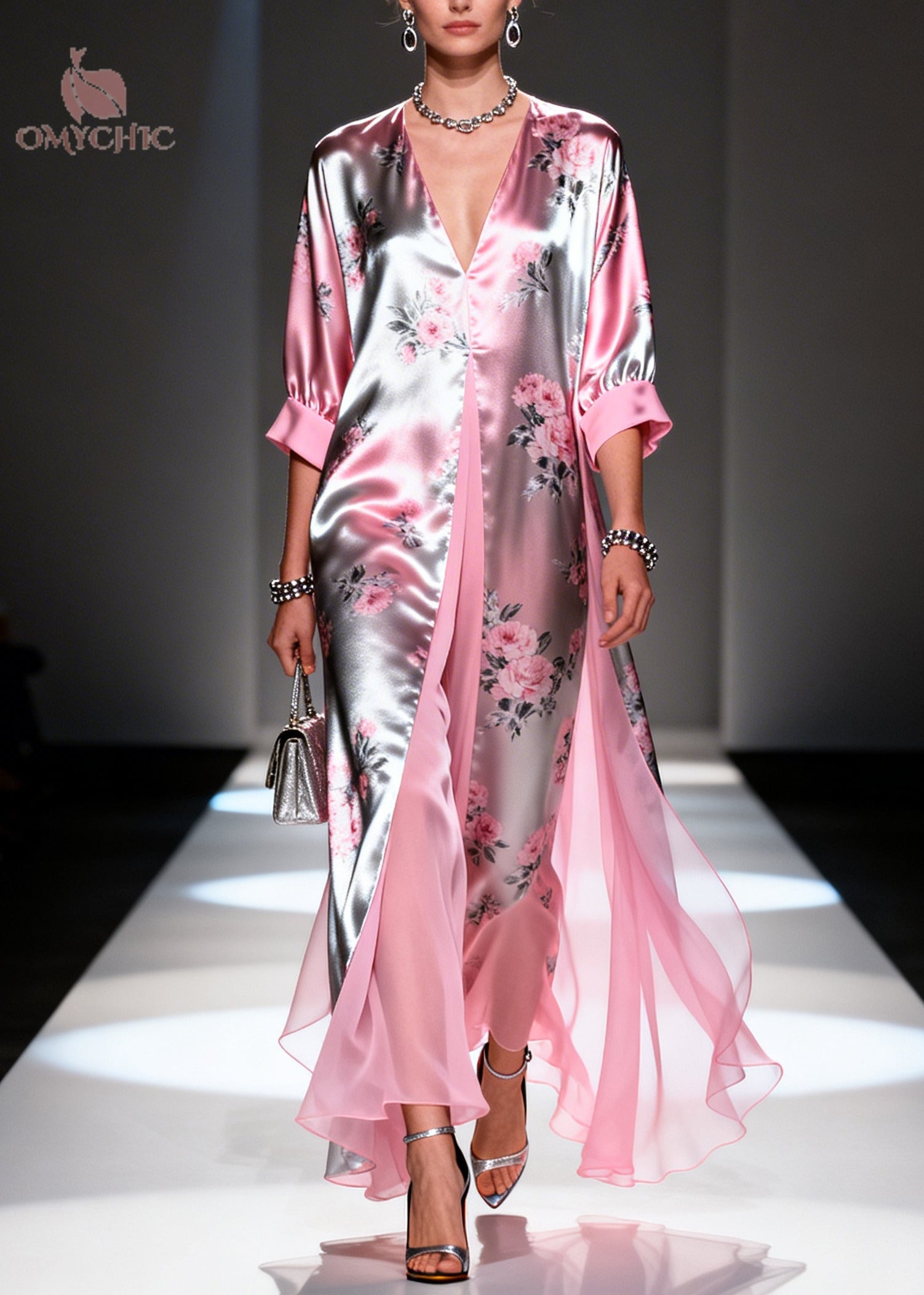 Satin Metallic Floral Deep V-Neck Kimono Sleeve High Split Faux Two-Piece Maxi Gown