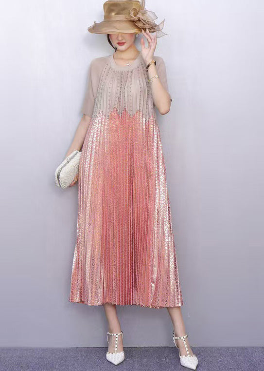 Round Neck Short Sleeve Studded Scalloped Bodice Animal Print Pleated Maxi Dress