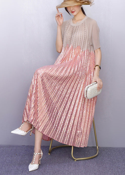 Round Neck Short Sleeve Studded Scalloped Bodice Animal Print Pleated Maxi Dress