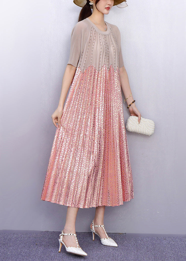 Round Neck Short Sleeve Studded Scalloped Bodice Animal Print Pleated Maxi Dress