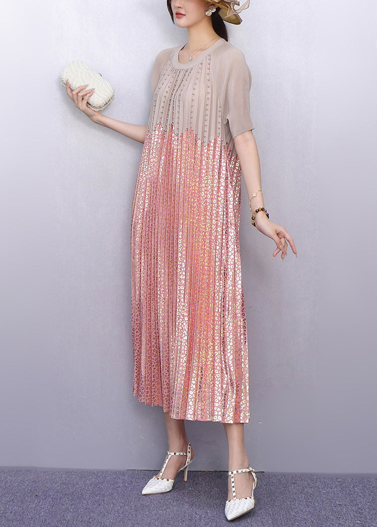 Round Neck Short Sleeve Studded Scalloped Bodice Animal Print Pleated Maxi Dress