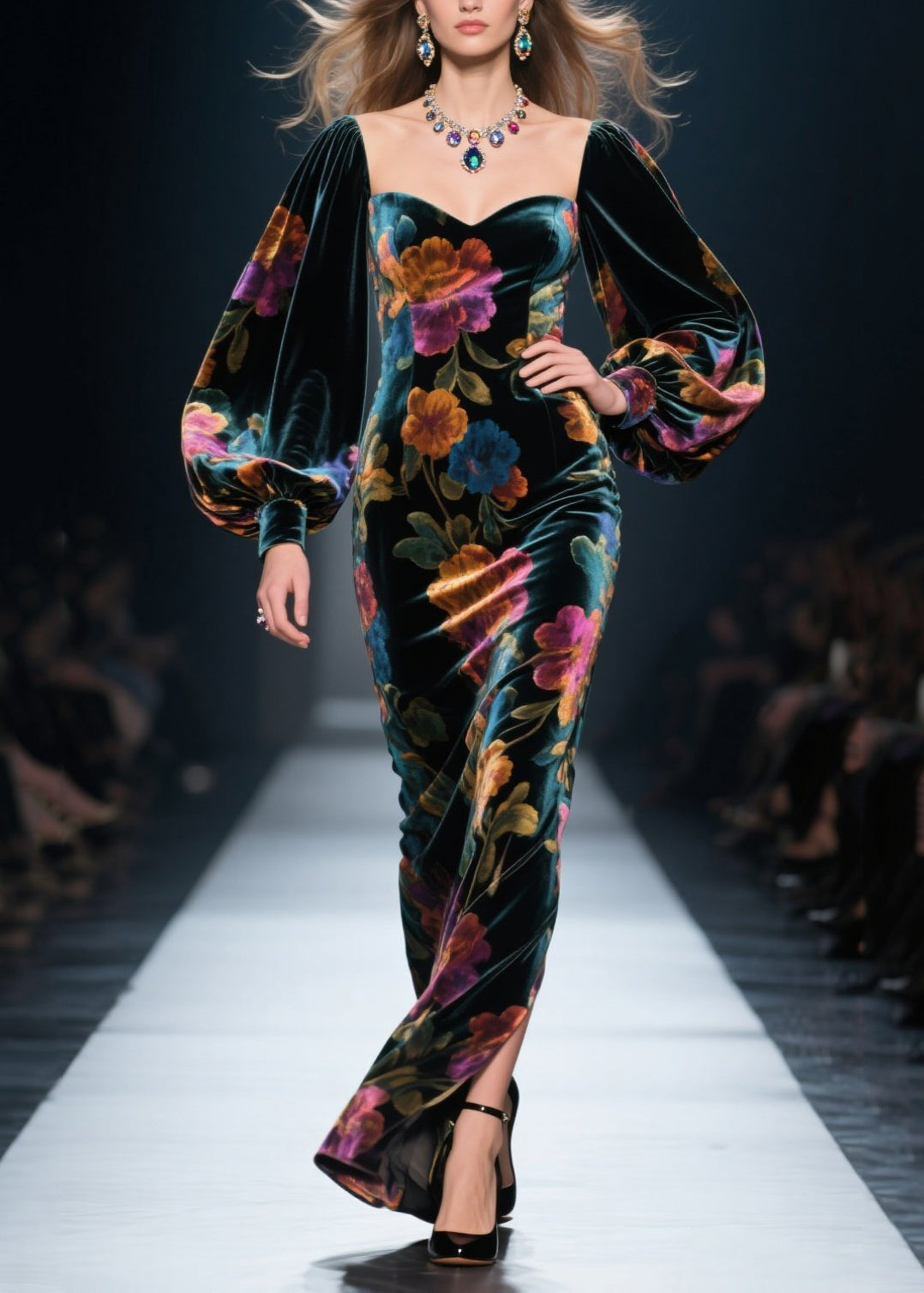 Velvet Floral Sweetheart Puff Sleeve Maxi Gown