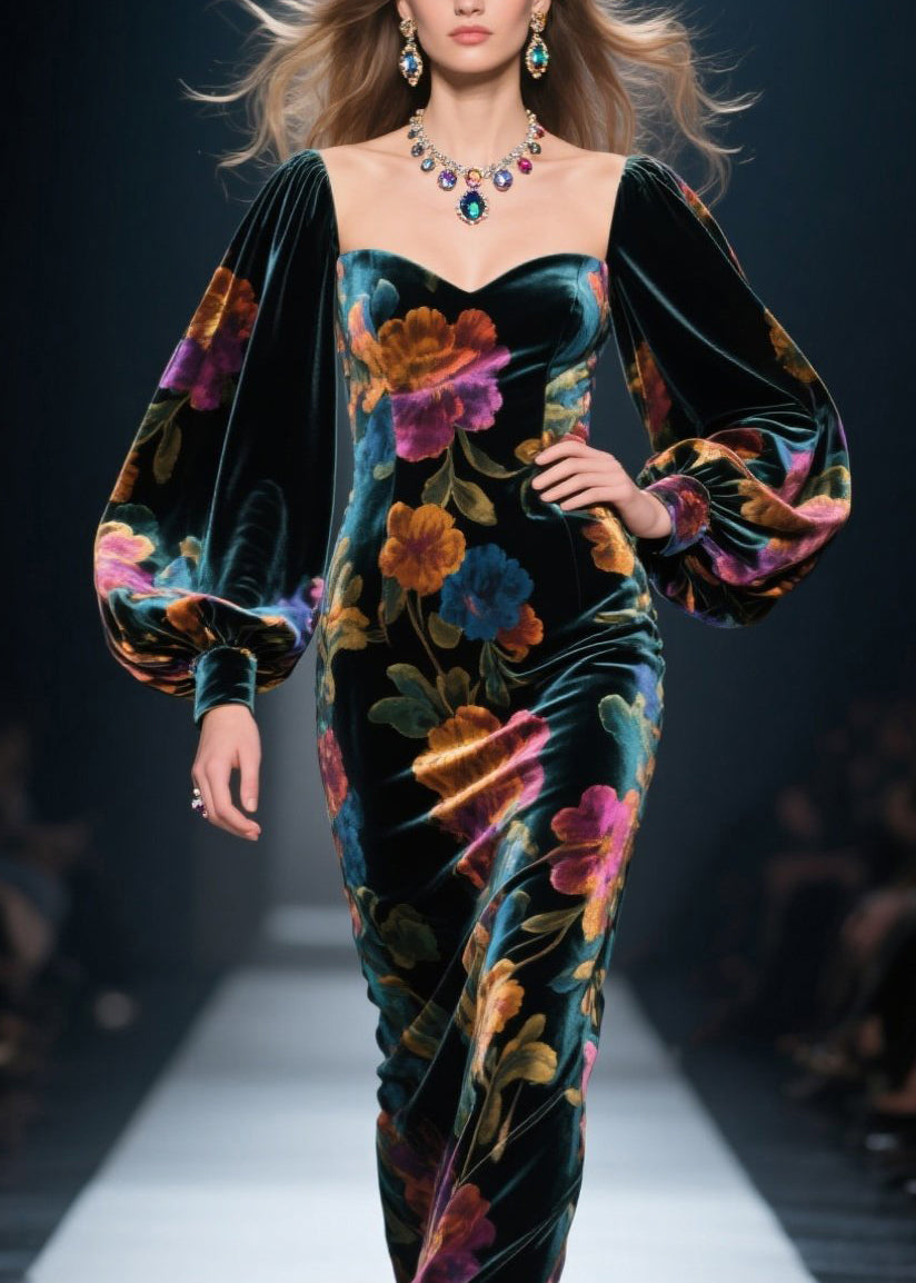 Velvet Floral Sweetheart Puff Sleeve Maxi Gown