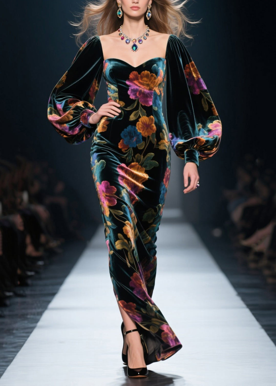 Velvet Floral Sweetheart Puff Sleeve Maxi Gown