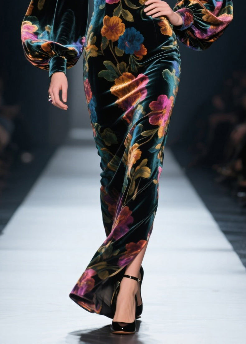 Velvet Floral Sweetheart Puff Sleeve Maxi Gown