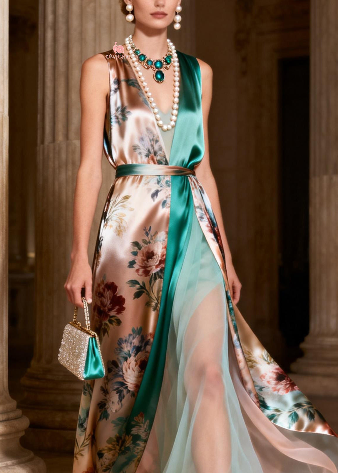 Rose Floral Print Wrap V-Neck Belted Tulle Underskirt High Split Gown
