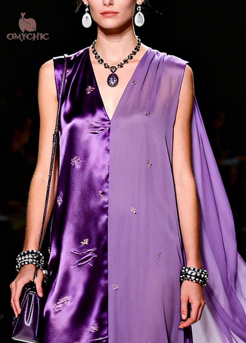 Satin Chiffon Distressed Slit Split Panel Deep V-Neck Cape Drape Maxi Gown